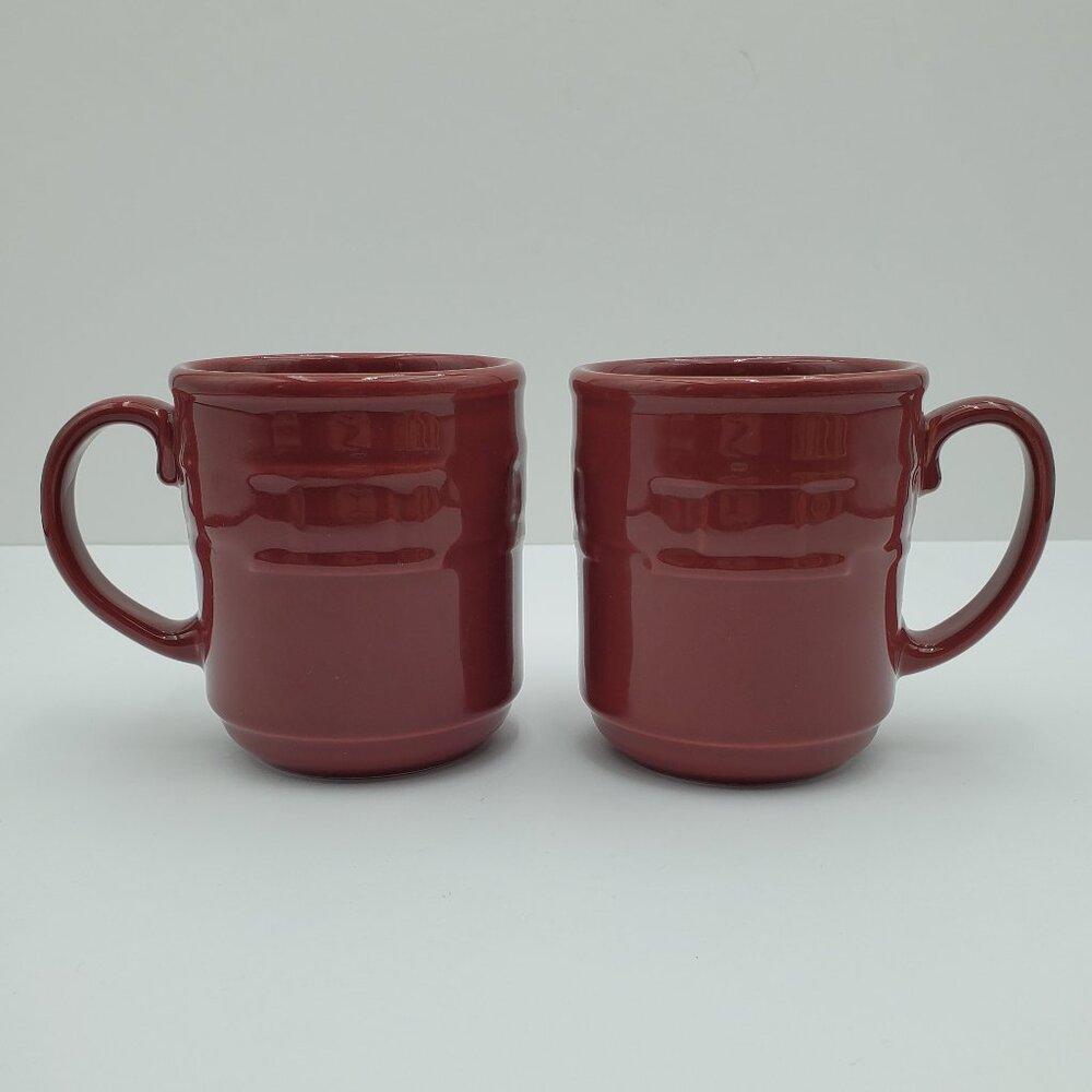 Longaberger Pottery Woven Traditions Paprika Mugs Red Embossed Basketweave Mugs